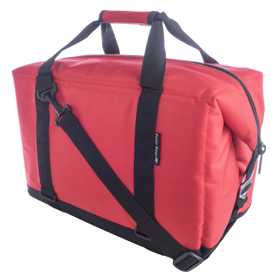 Red duffel bag with black straps on a white background