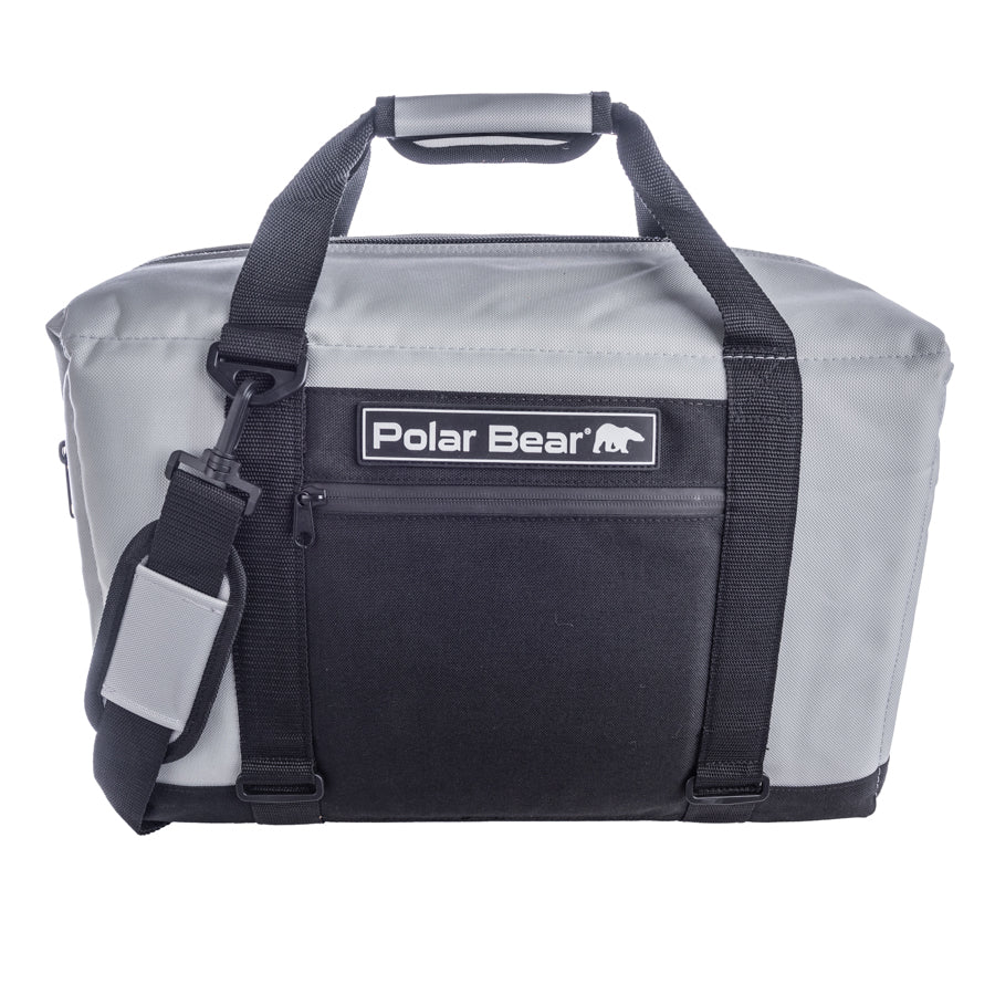 Gray cooler bag with black straps and 'Polar Bear' logo on a white background