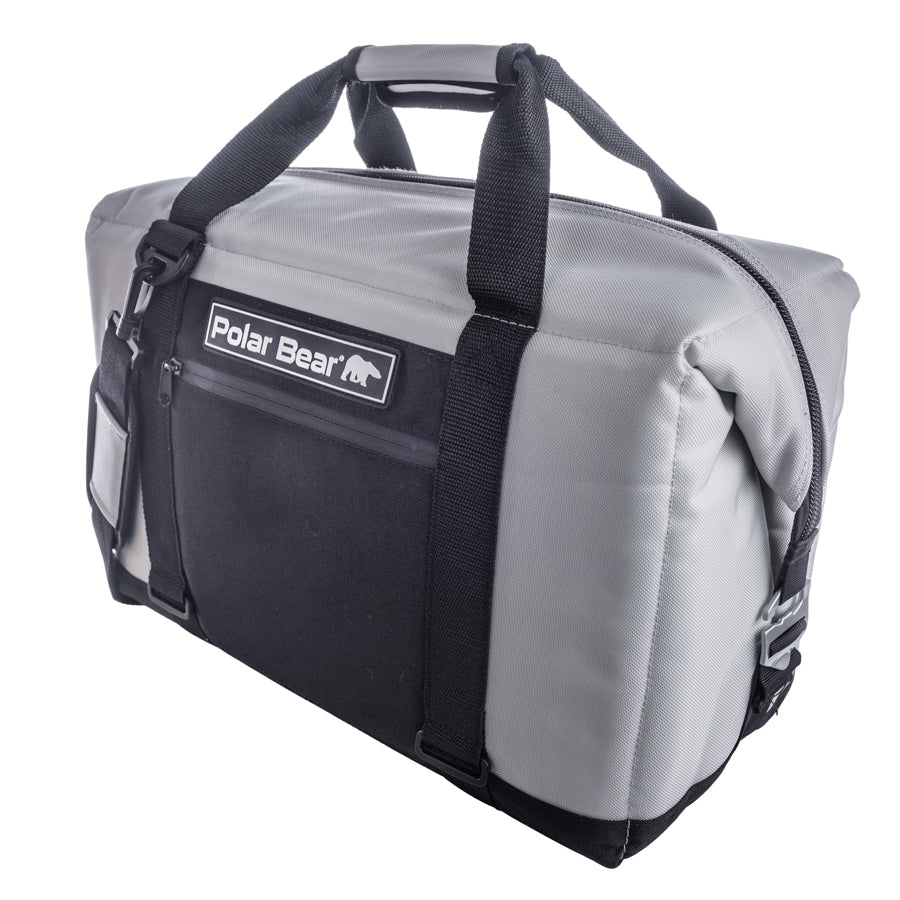 Gray and black duffel bag with 'Polar Bear' logo on a white background
