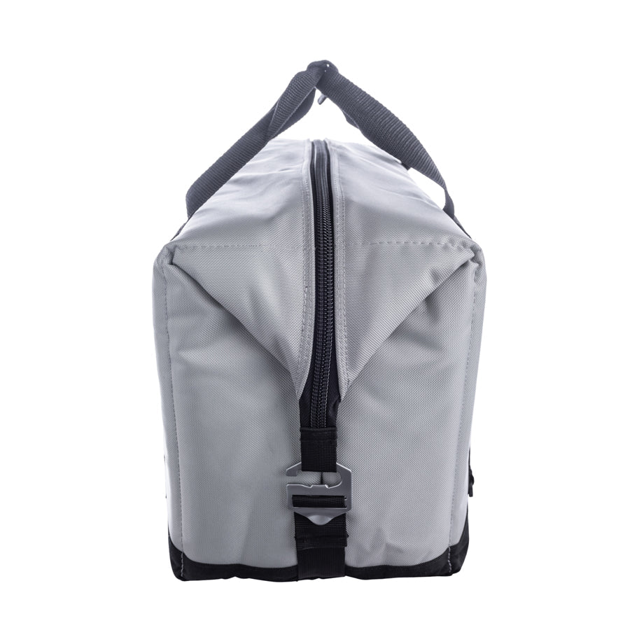 Gray bag with a black zipper and strap on a white background