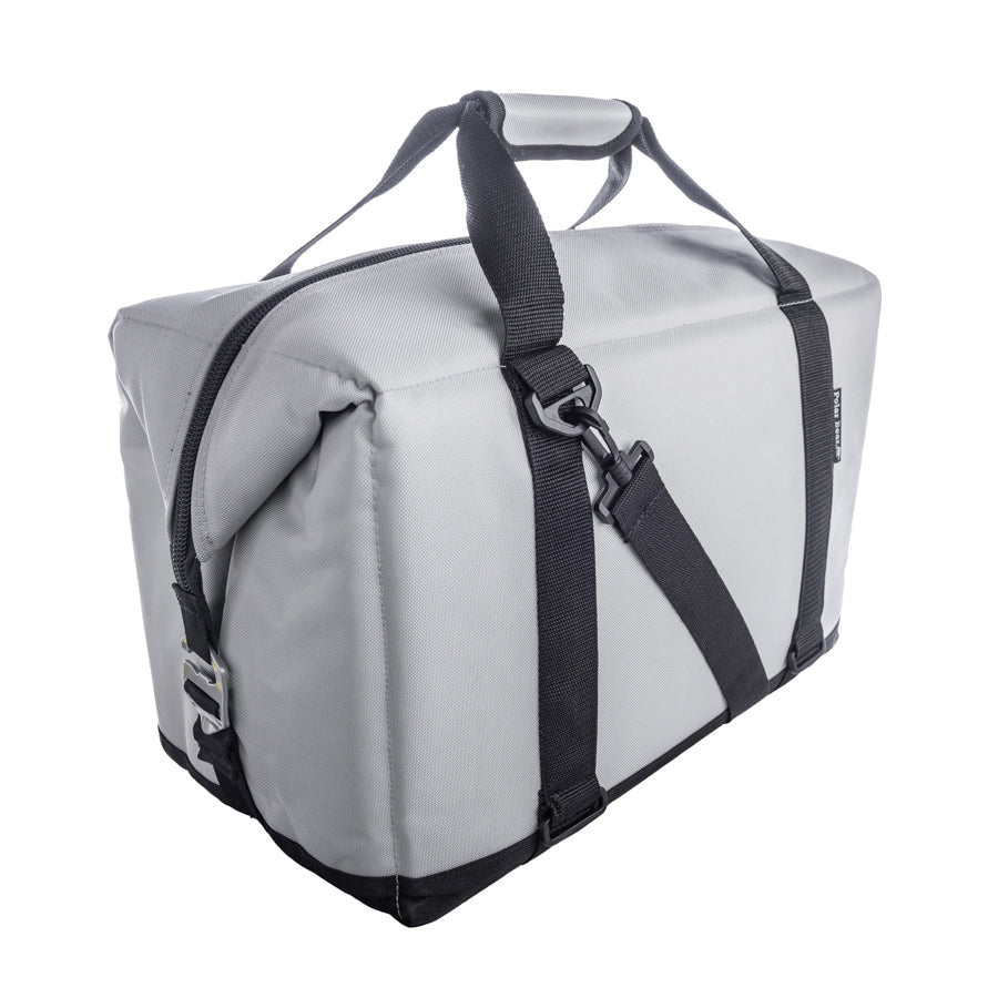 Gray duffel bag with black straps on a white background