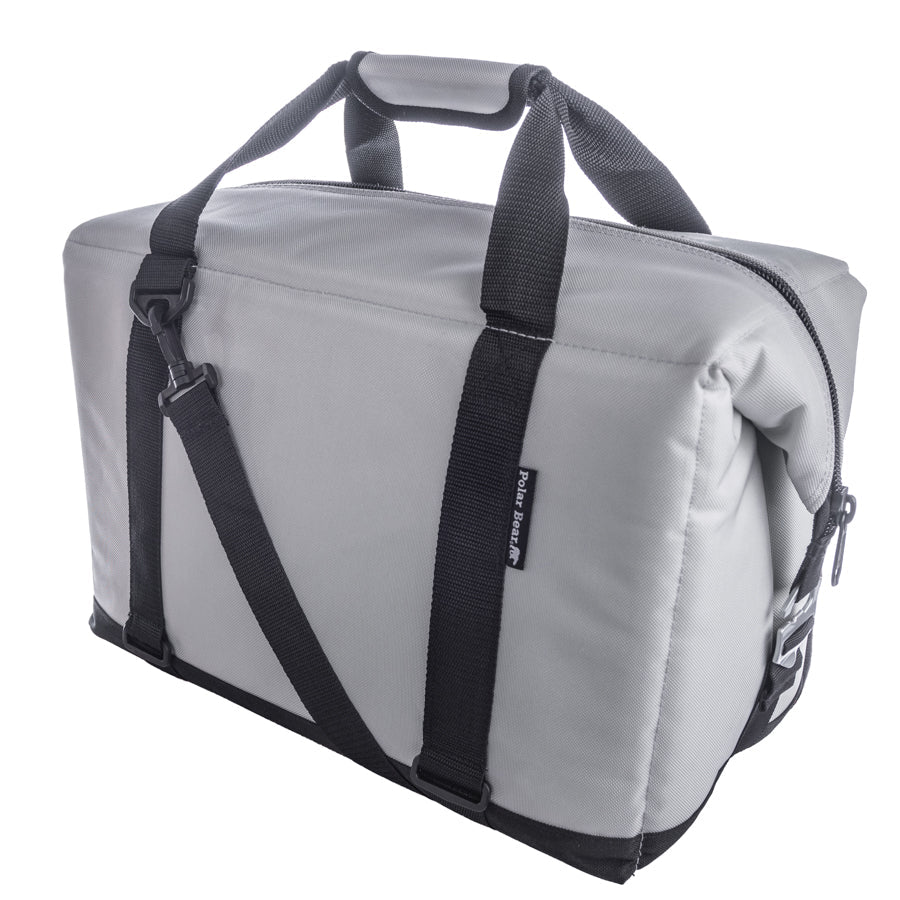 Gray duffel bag with black straps on a white background