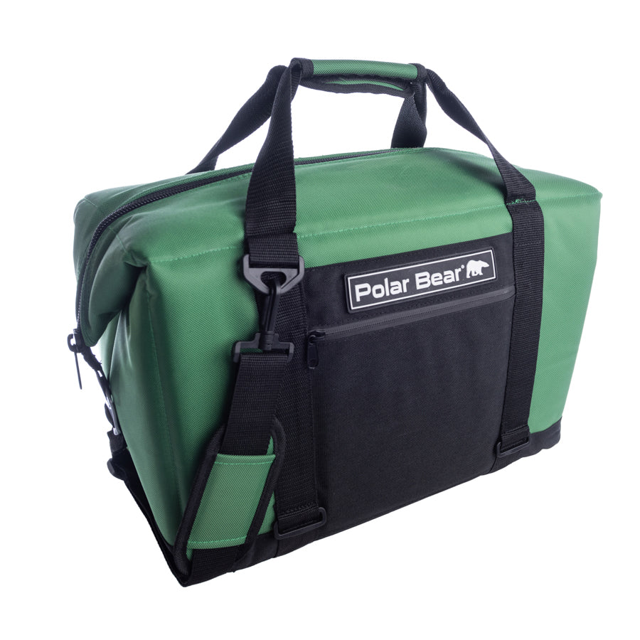 Green and black cooler bag with 'Polar Bear' logo on a white background