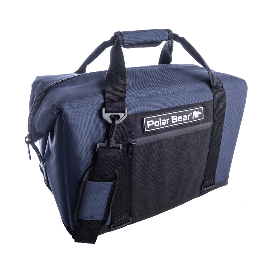 Blue bag with black straps and 'Polar Bear' logo on a white background