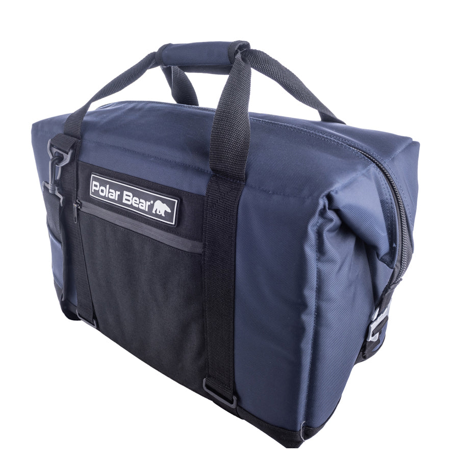 Navy blue duffel bag with black straps on a white background, featuring a 'Polar Bear' logo.
