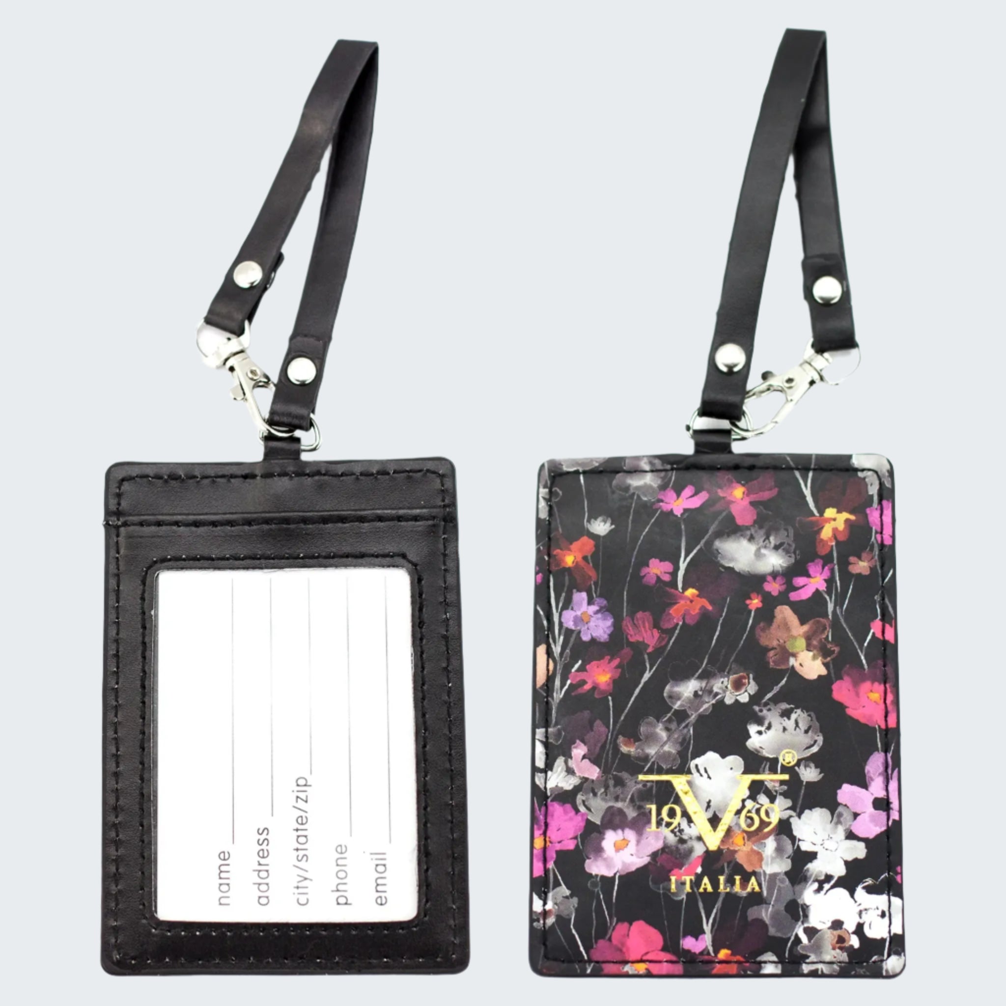 Black lanyard with floral ID holder and plain black lanyard on a white background