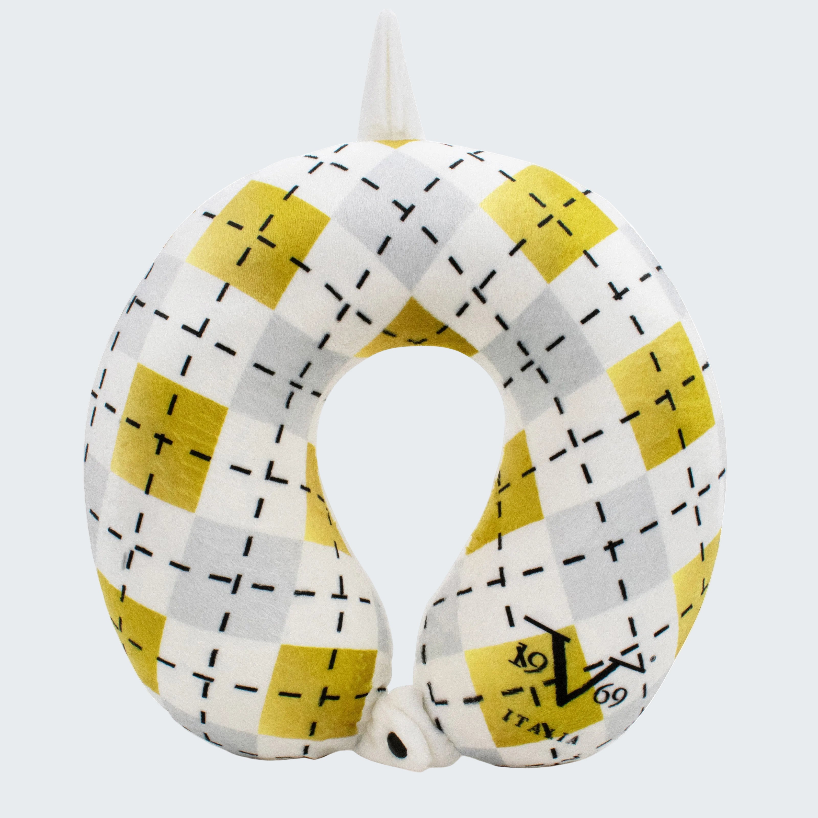 Neck pillow with yellow and gray checkered pattern on a white background