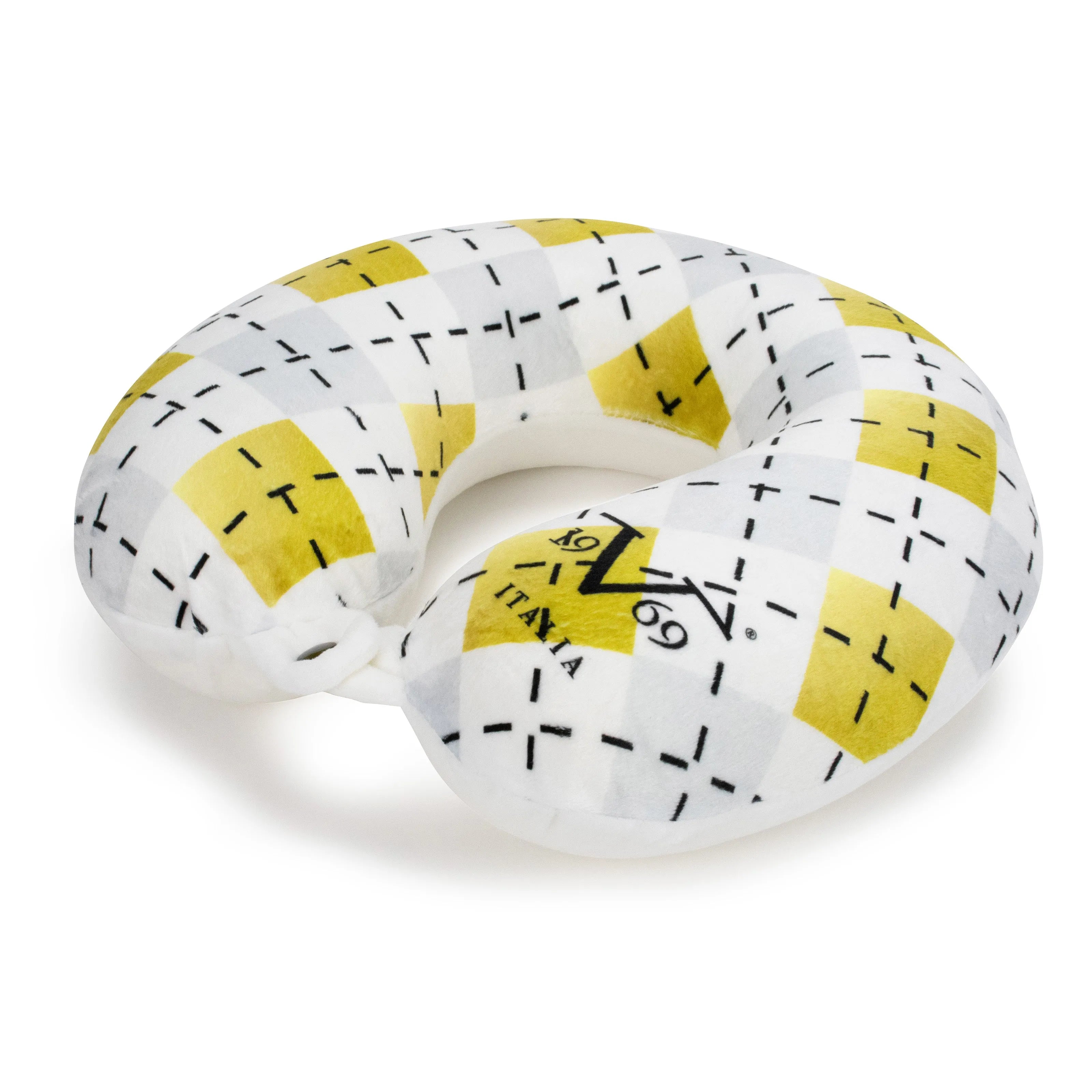 Neck pillow with yellow and black pattern on a white background