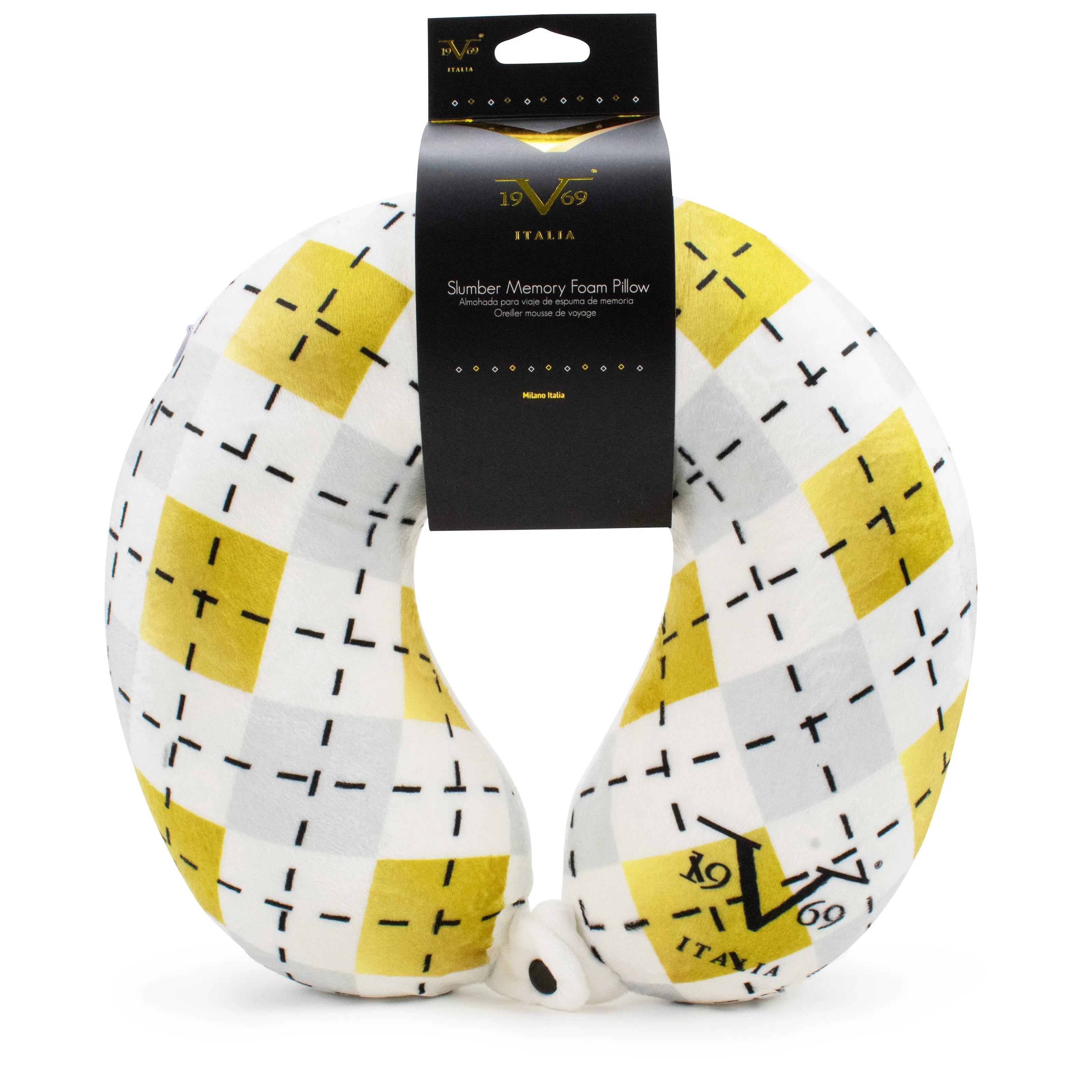 Neck pillow with yellow and white pattern on a white background