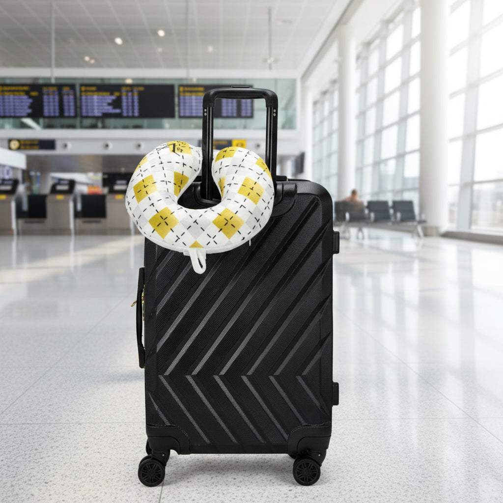Black suitcase with a neck pillow on a white background