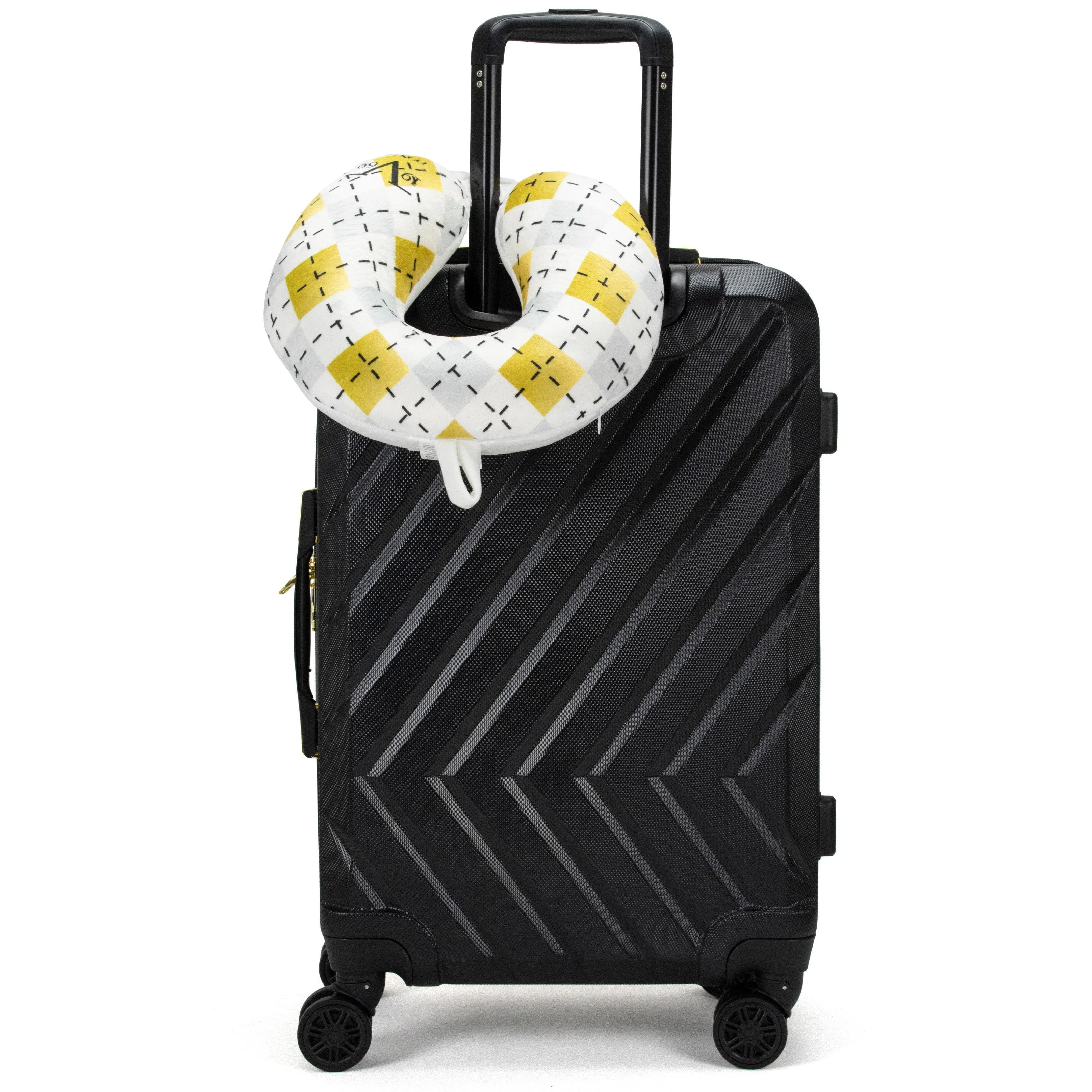 Black suitcase with a neck pillow on a white background