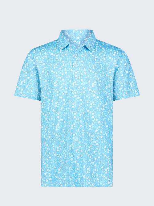 Light blue polo shirt with white floral pattern on a white background