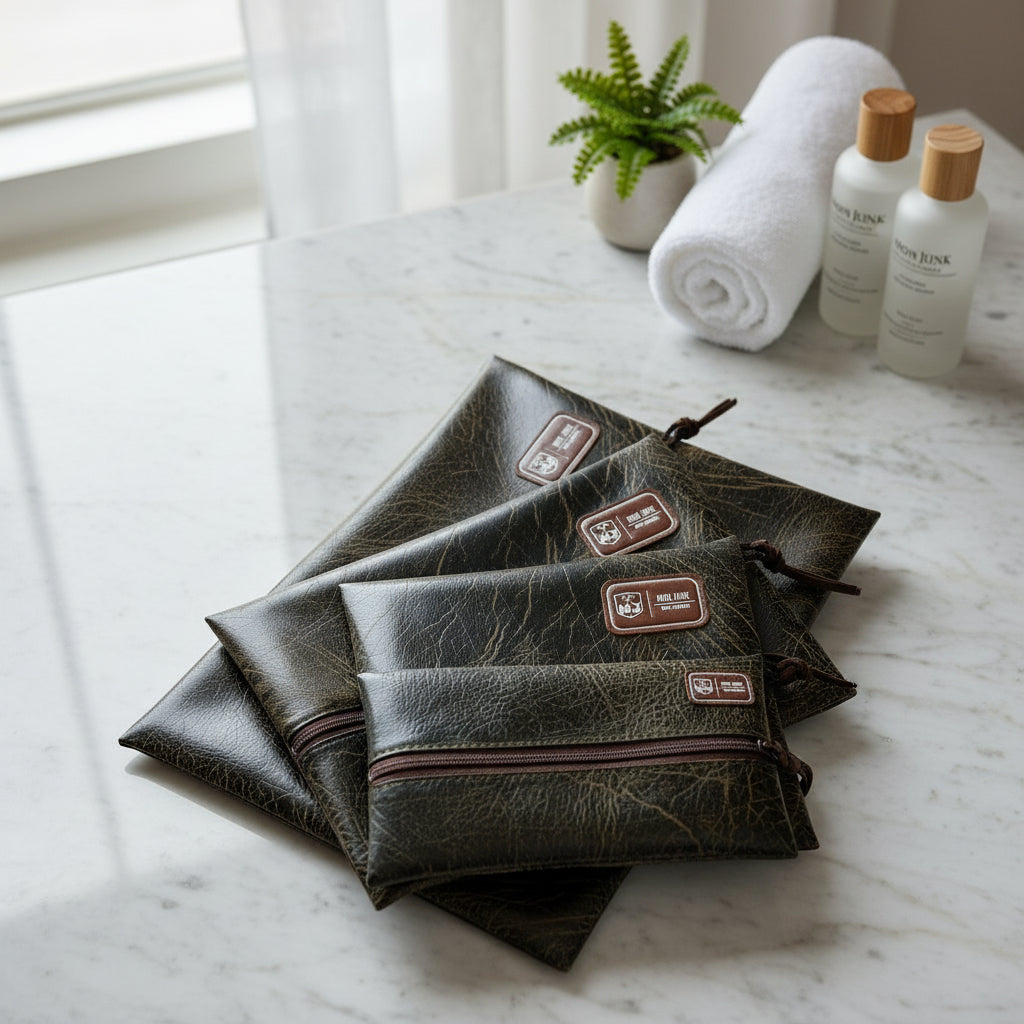 Stack of brown leather pouches with visible brand labels on a white background