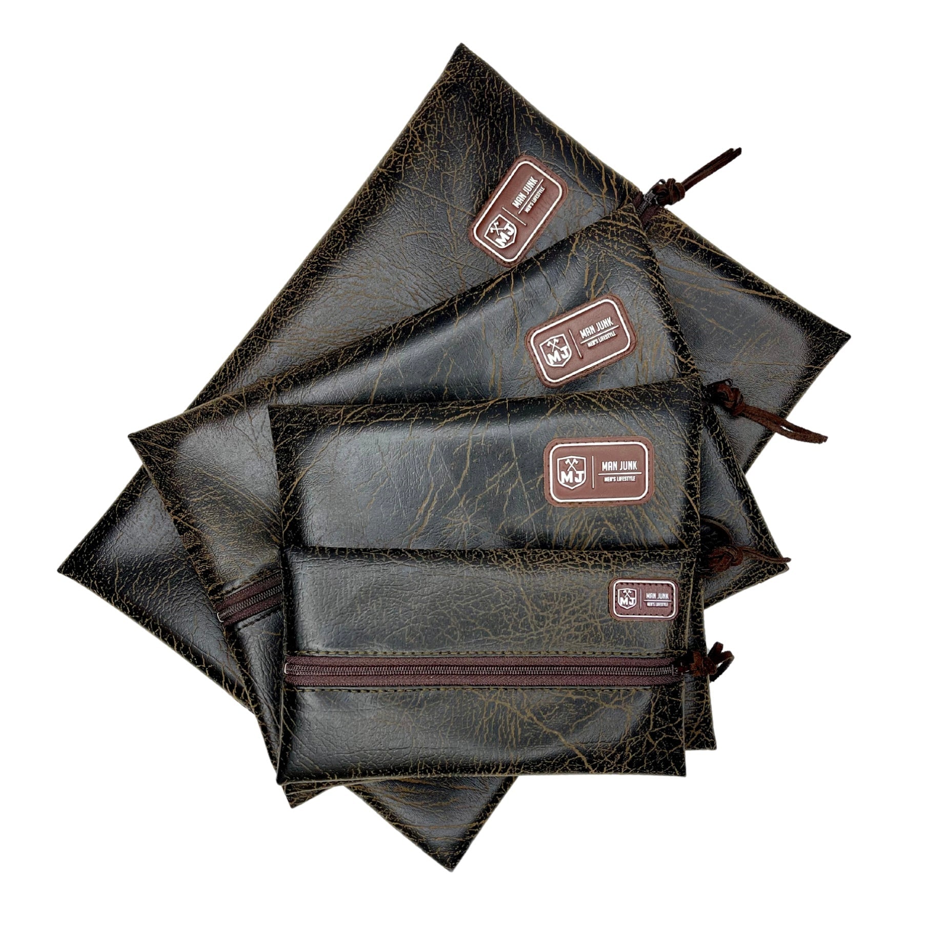 Stack of brown leather pouches with visible brand labels on a white background