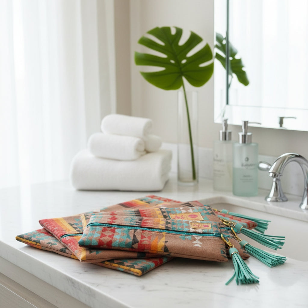Set of patterned bags with turquoise tassels on a white background