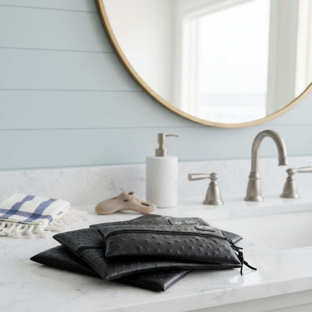 Stack of black textured pouches with visible brand logo on a white background
