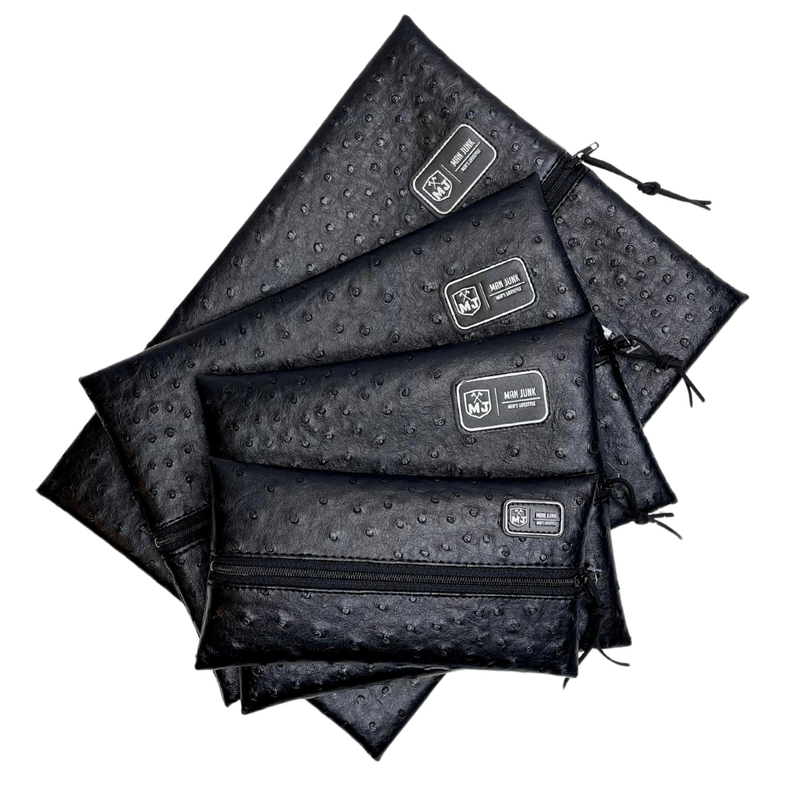 Stack of black textured pouches with visible brand logo on a white background
