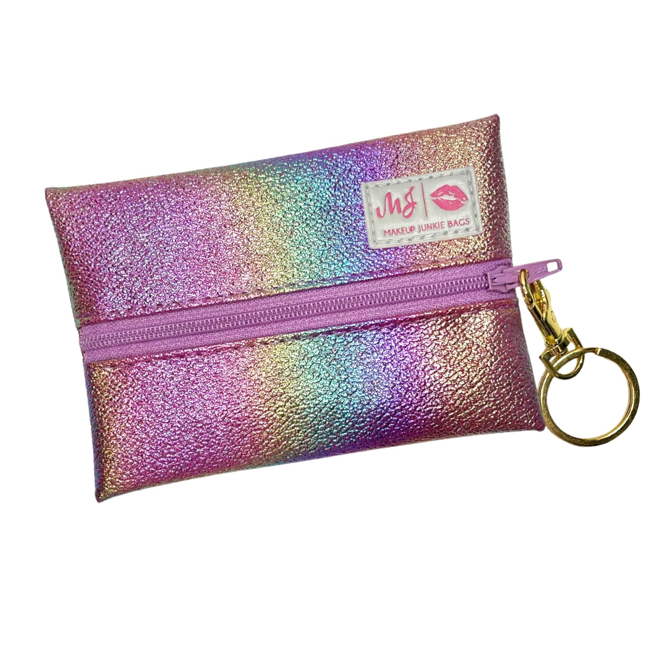 Multicolored glittery pouch with a gold keychain on a white background
