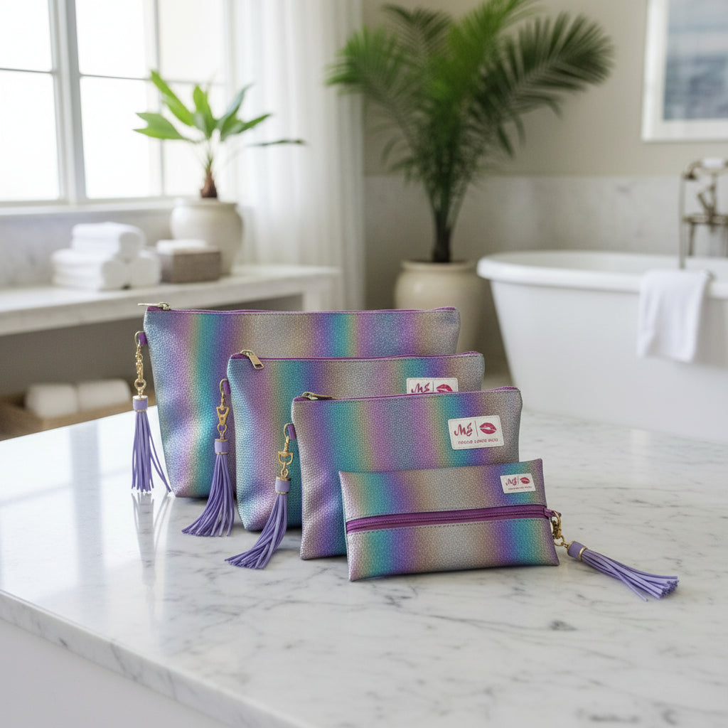 Set of glittery pouches with tassels and visible brand logo on a white background