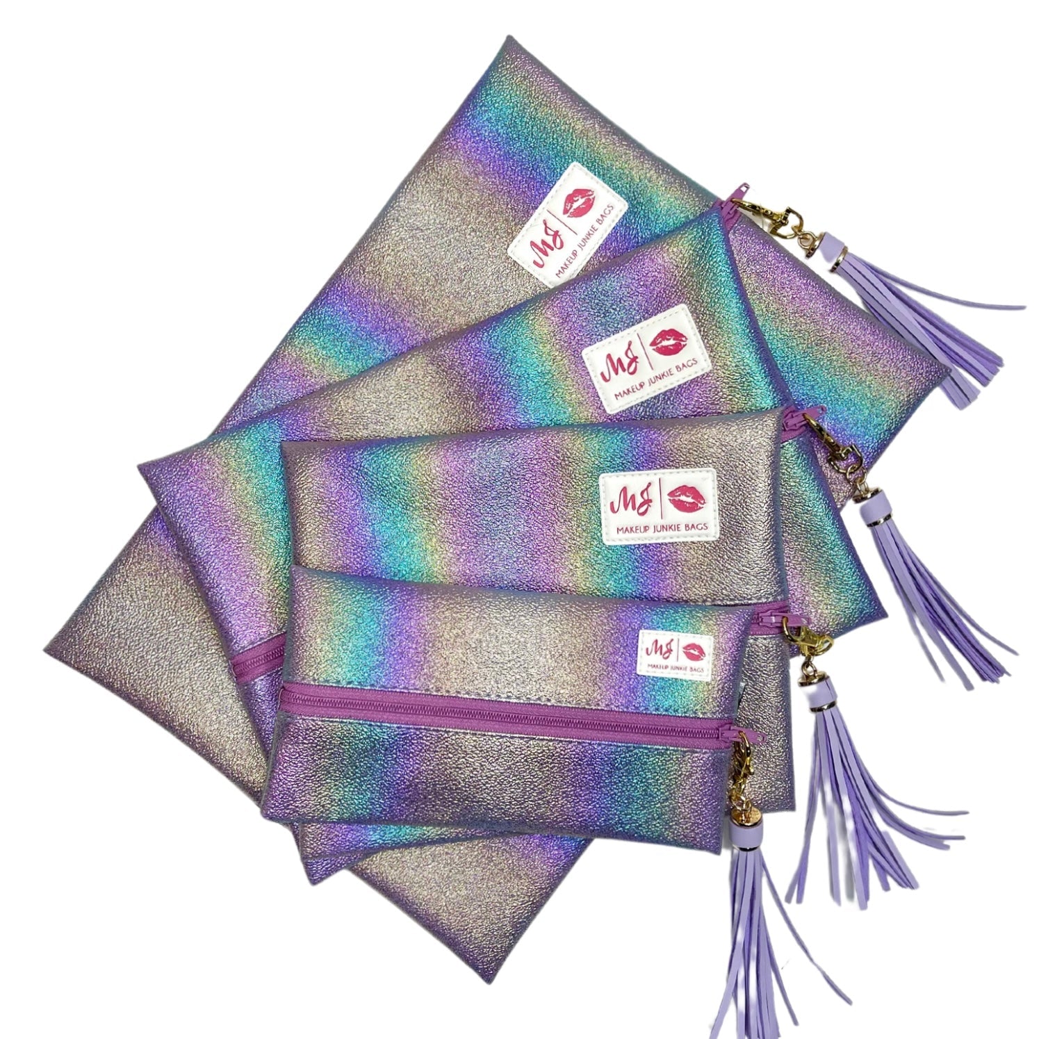 Set of glittery pouches with tassels and visible brand logo on a white background
