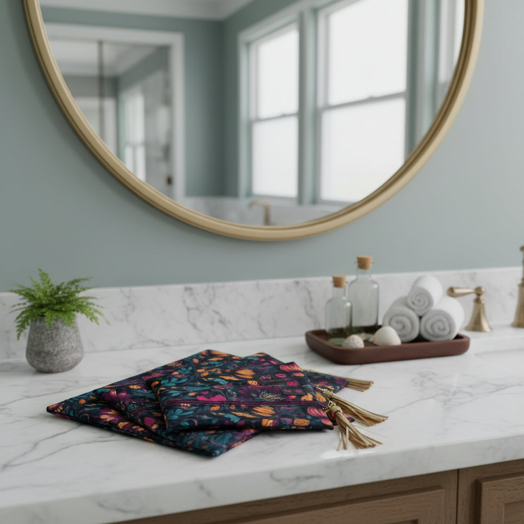 Set of three floral-patterned bags with tassels on a white background
