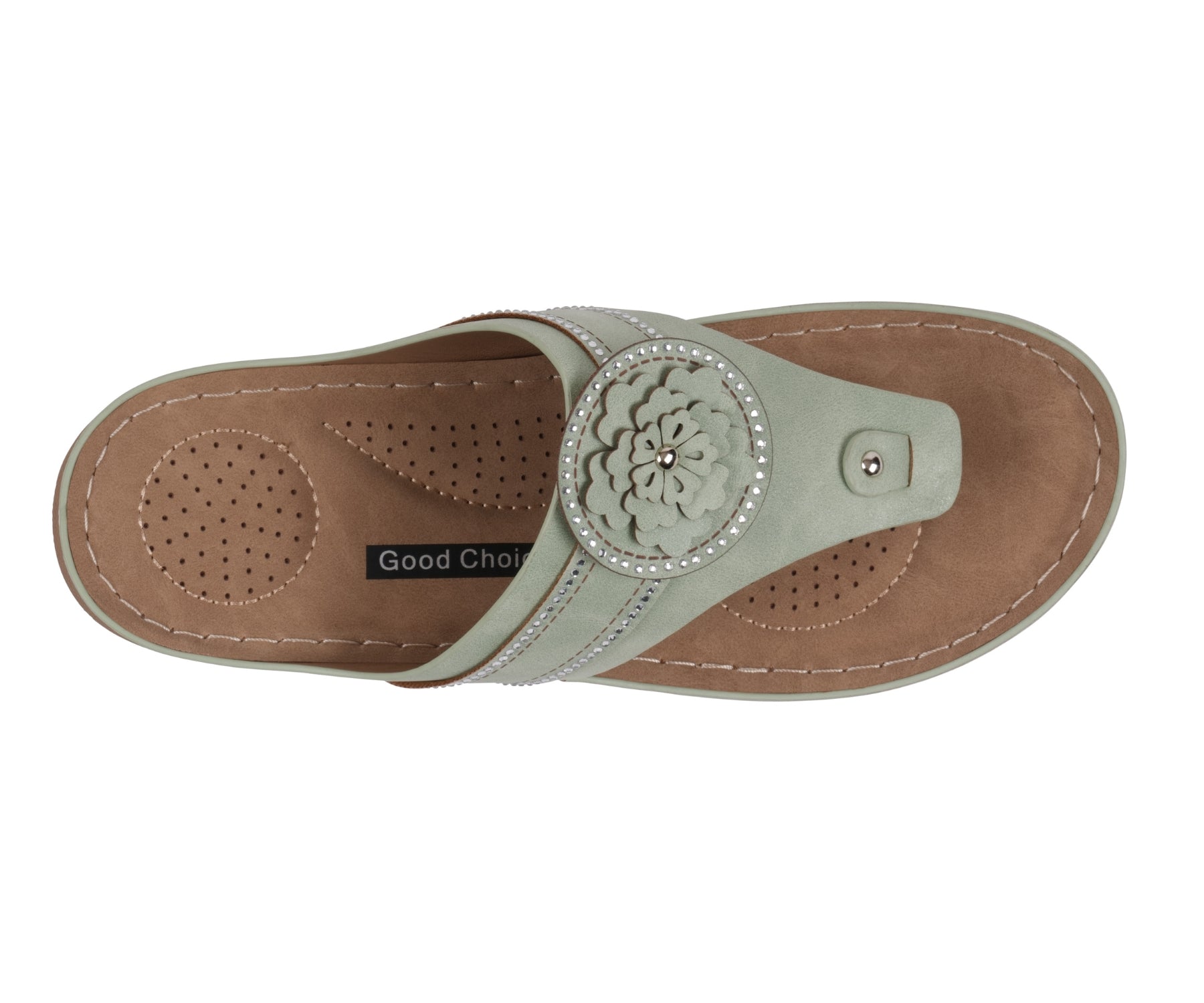 Light green sandal with a floral design on a white background