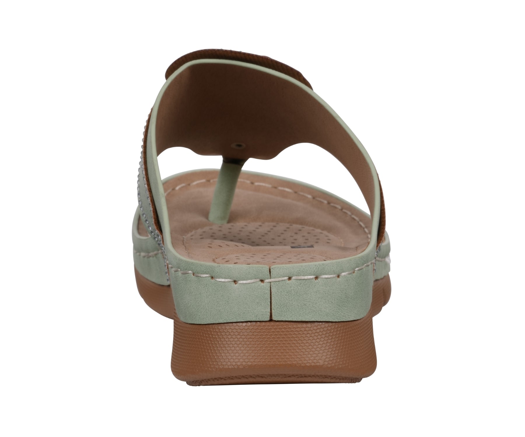 Light green sandal with brown sole on a white background