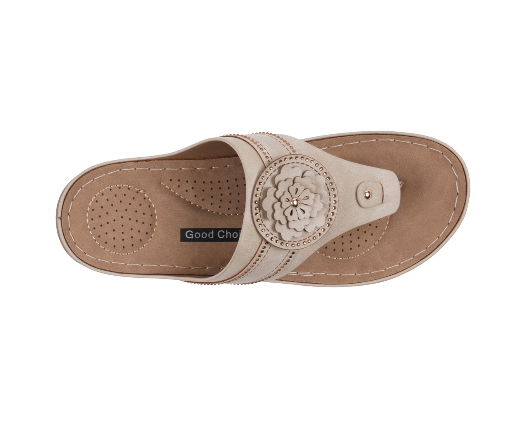 Beige sandal with floral design on a white background