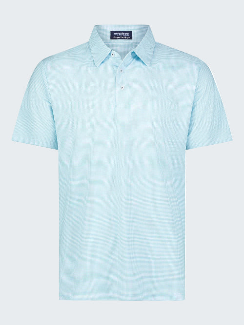 Light blue polo shirt with a brand label on a white background