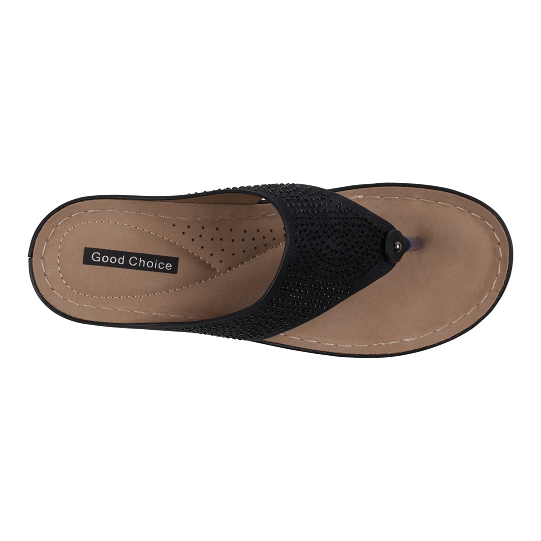Black sandal with 'Good Choice' label on a white background