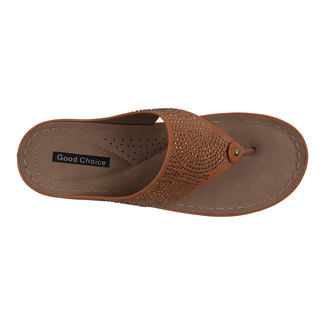 Brown sandal with 'Good Choice' label on a white background