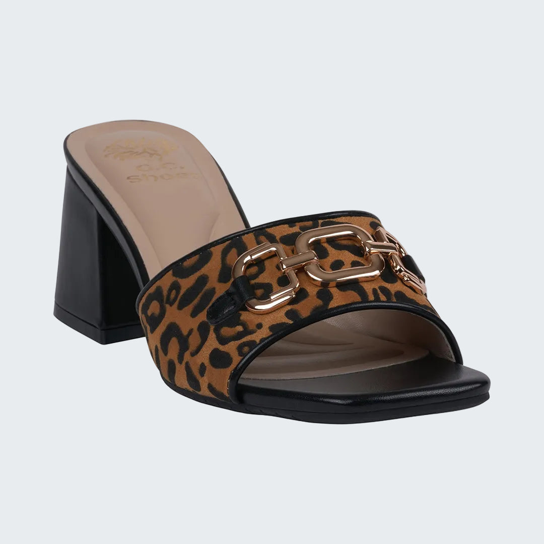 Leopard print sandal with a black block heel on a white background