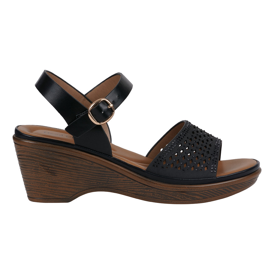 Black wedge sandal with wooden sole on a white background
