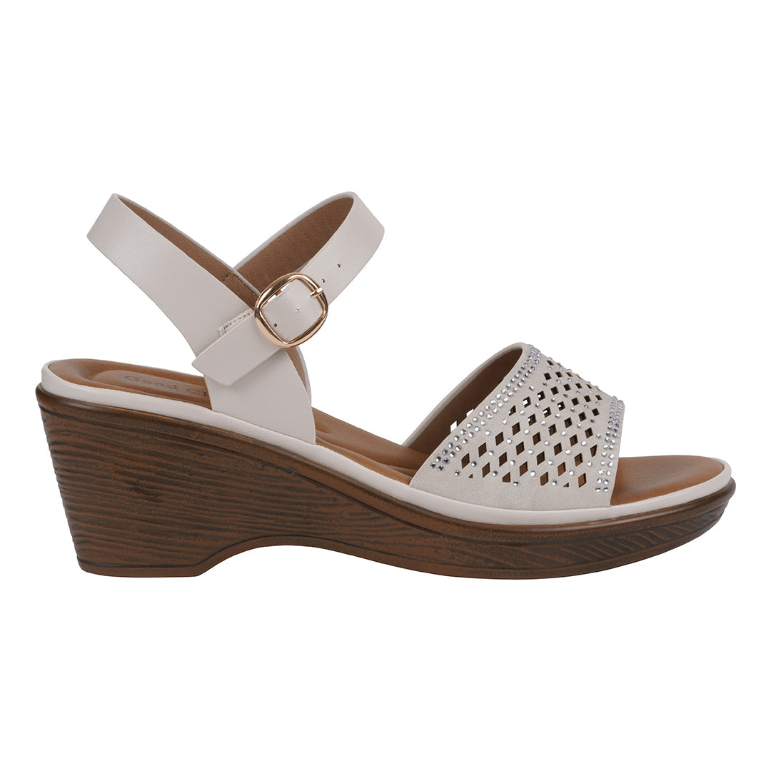 White sandal with wooden wedge sole on a white background