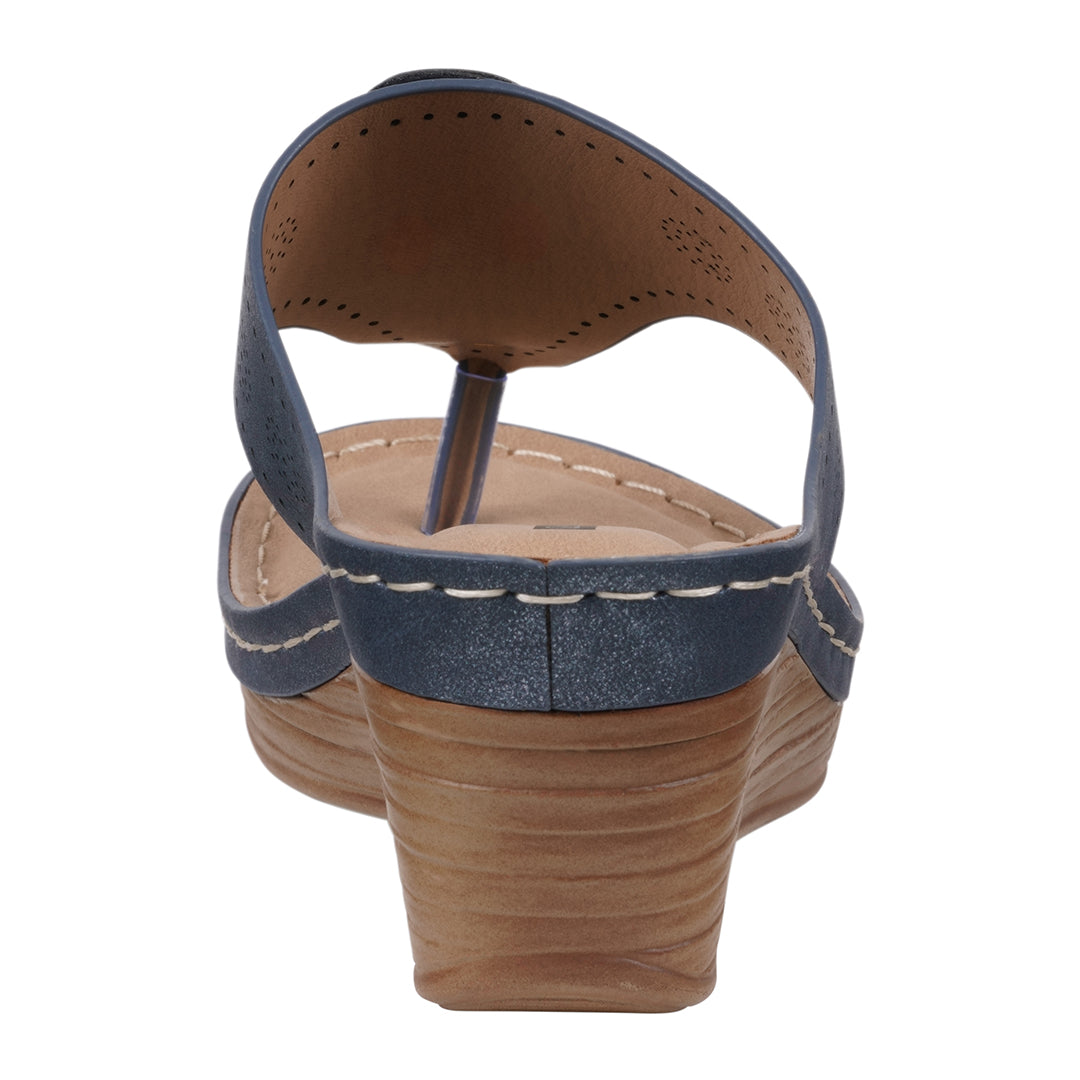 Navy sandal with wooden sole on a white background