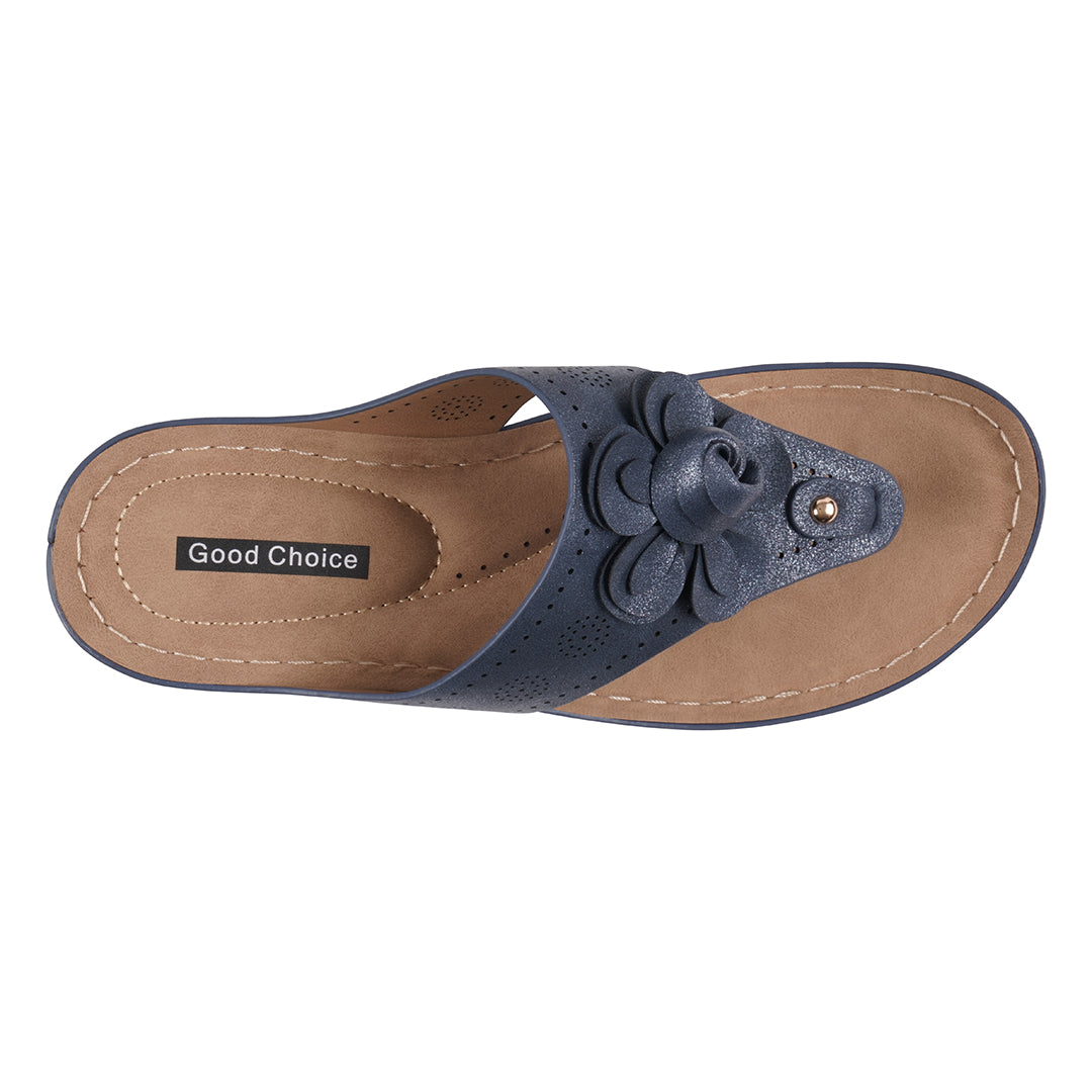 Blue sandal with a flower design on a white background