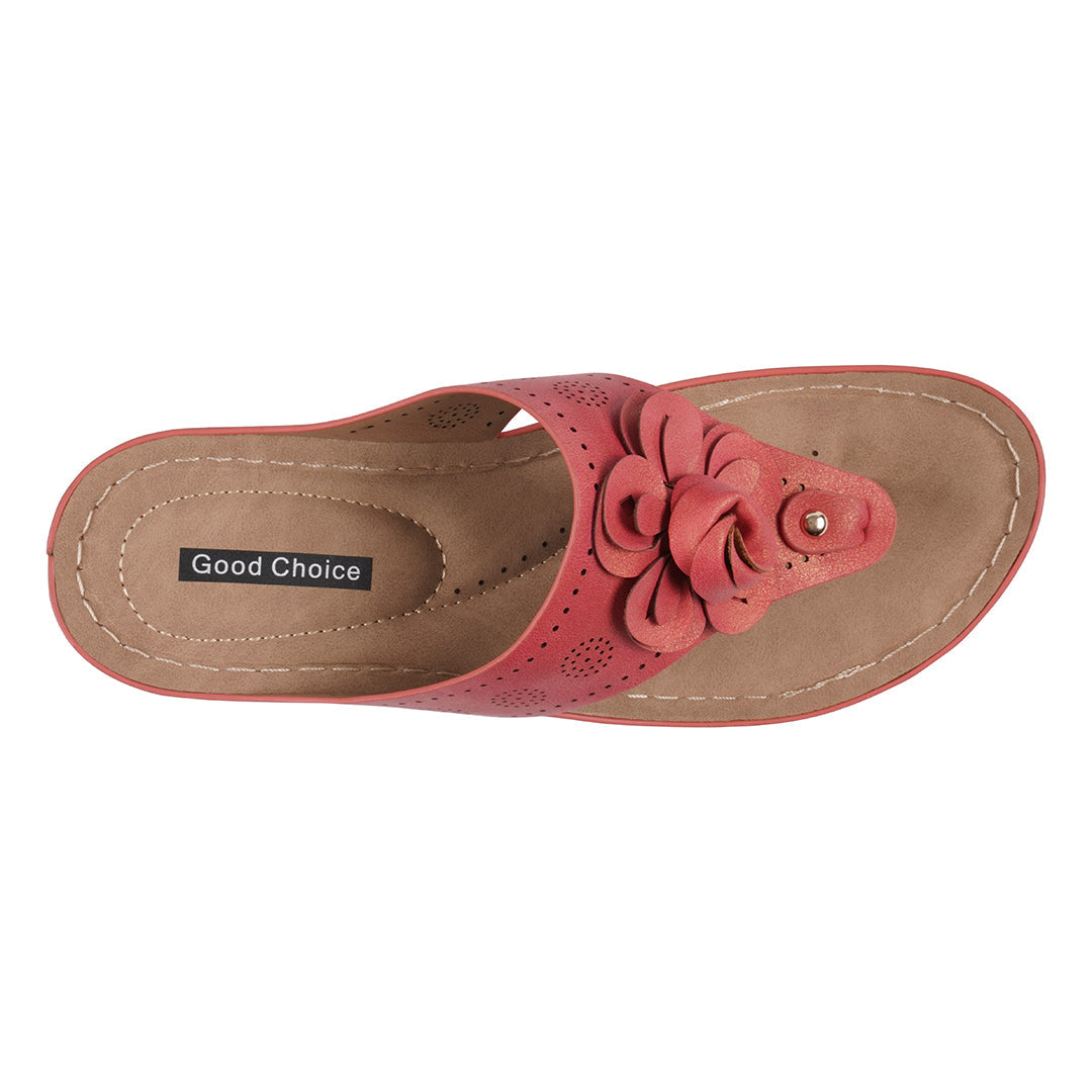 Red sandal with a flower detail on a white background