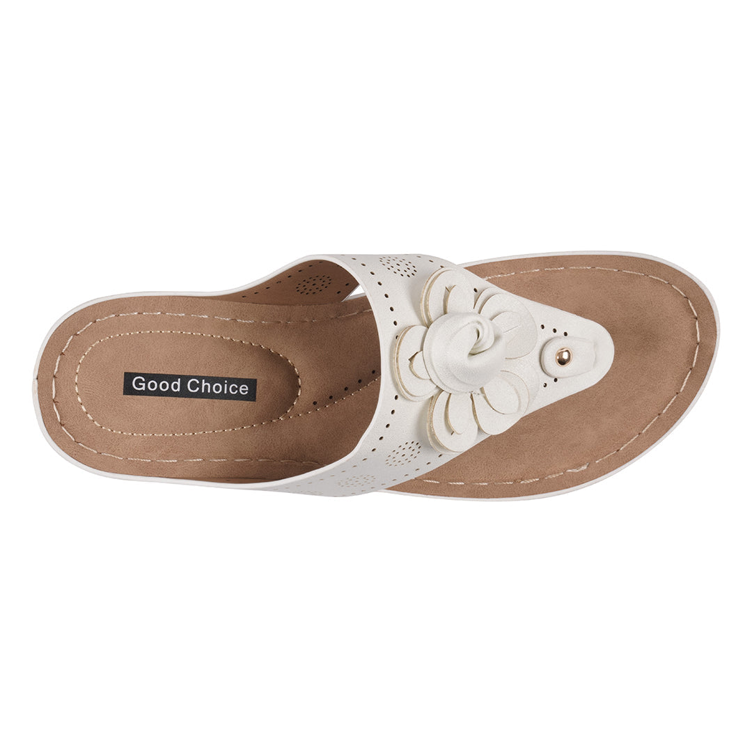 White sandal with a flower design on a beige insole, labeled 'Good Choice', on a white background.