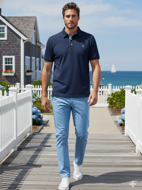 Man wearing a navy polo shirt and light blue jeans walking on a wooden deck by the sea.
