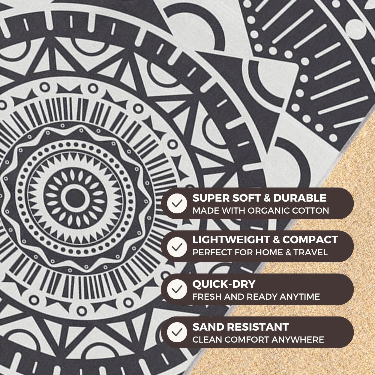 Black and white geometric pattern with product features listed on a textured background