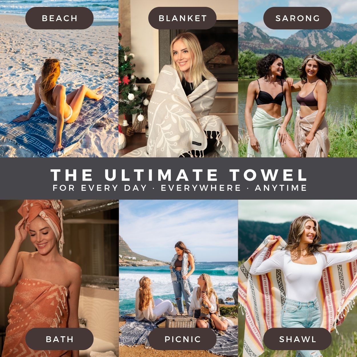Collage of people using towels for various activities with text 'The Ultimate Towel' at the bottom.