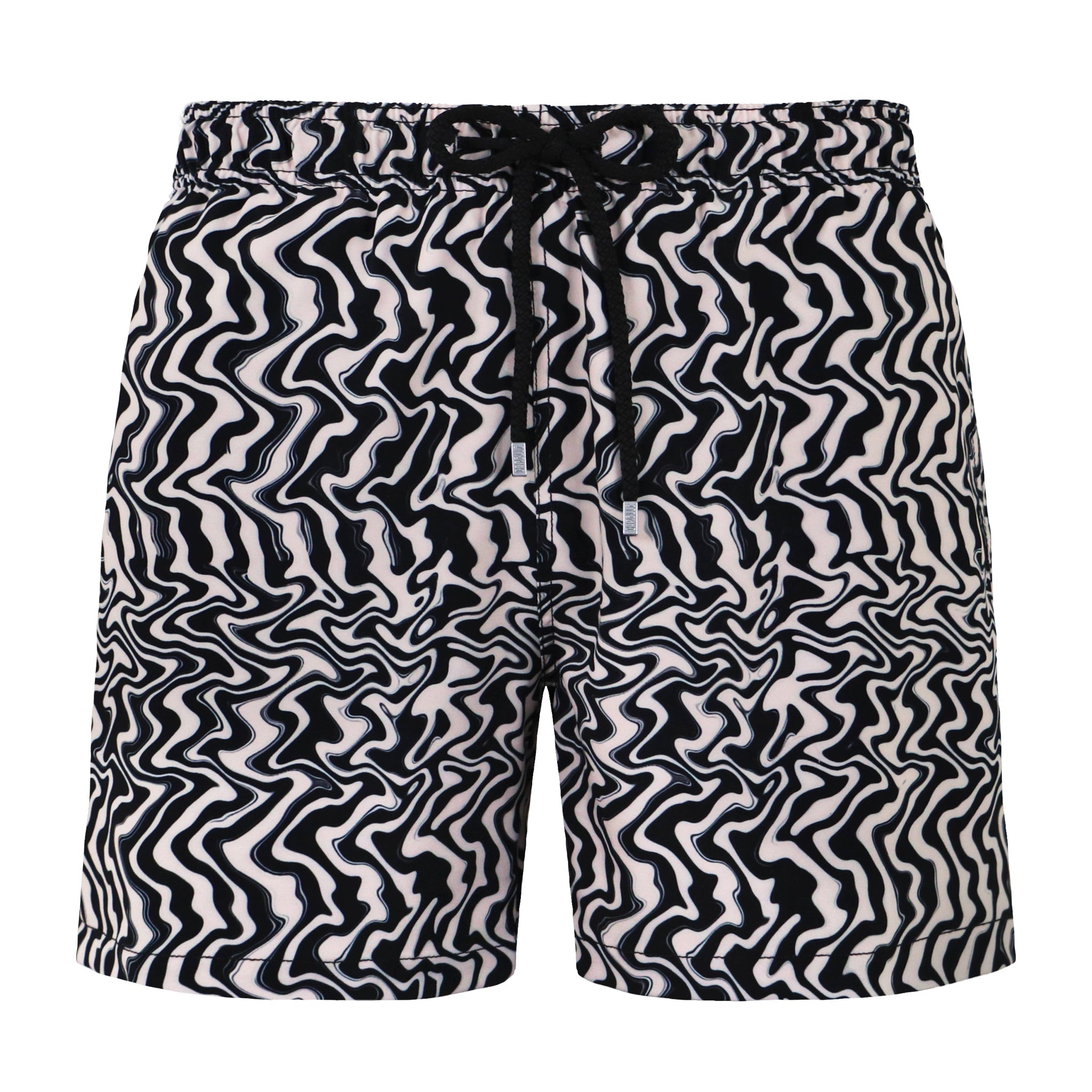 Black and white patterned shorts on a white background