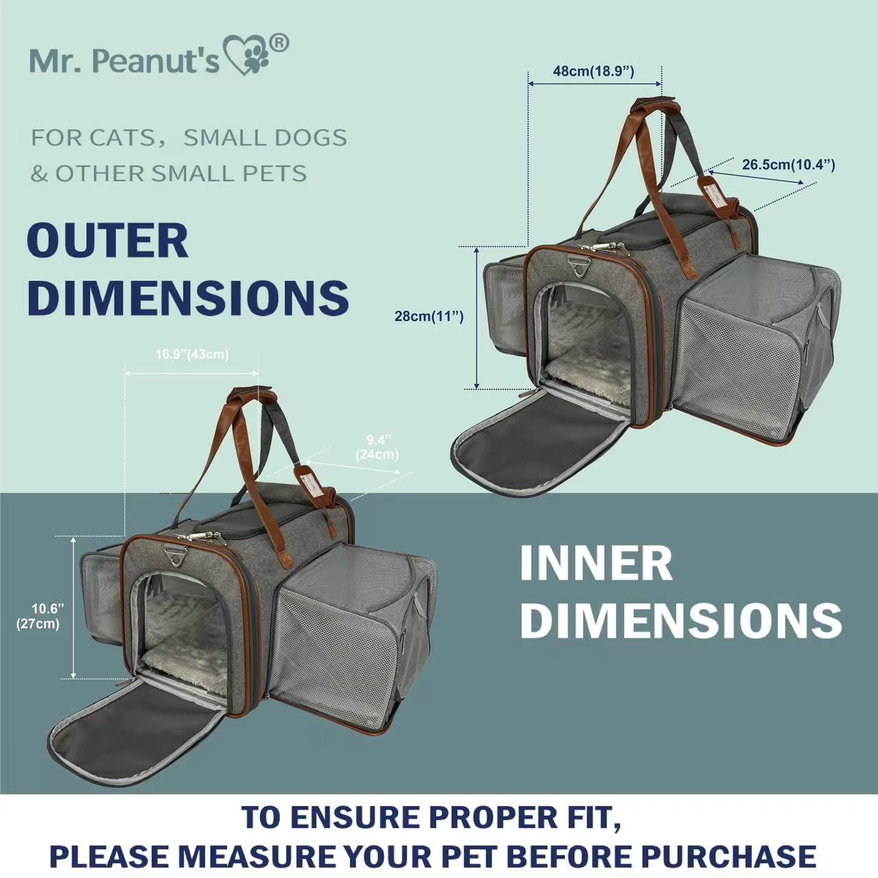 Pet carrier with dimensions labeled on a light blue background
