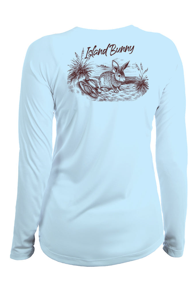 Light blue long-sleeve shirt with 'Island Bunny' graphic on a white background