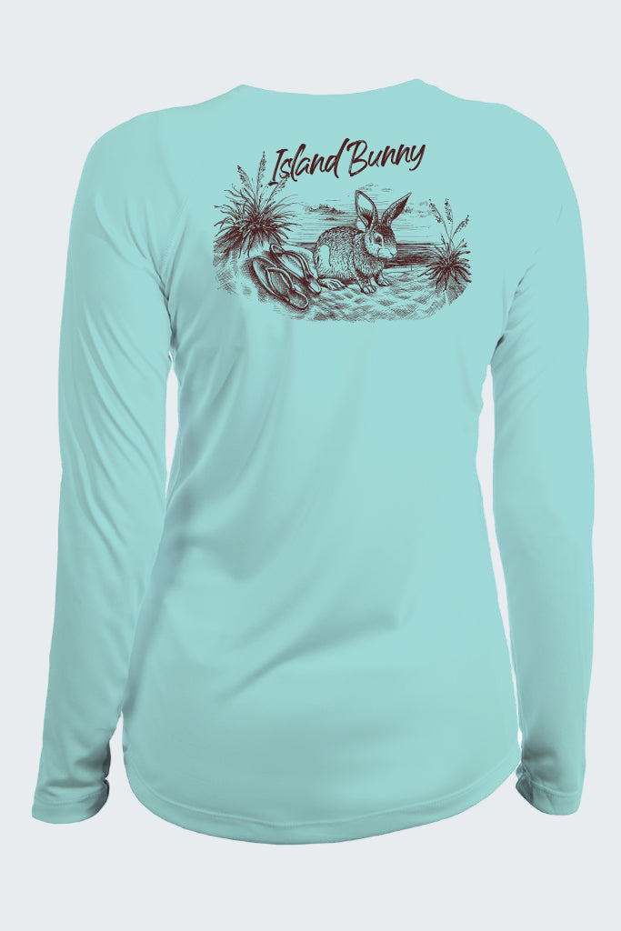Light blue long-sleeve shirt with a graphic of an island bunny on a white background