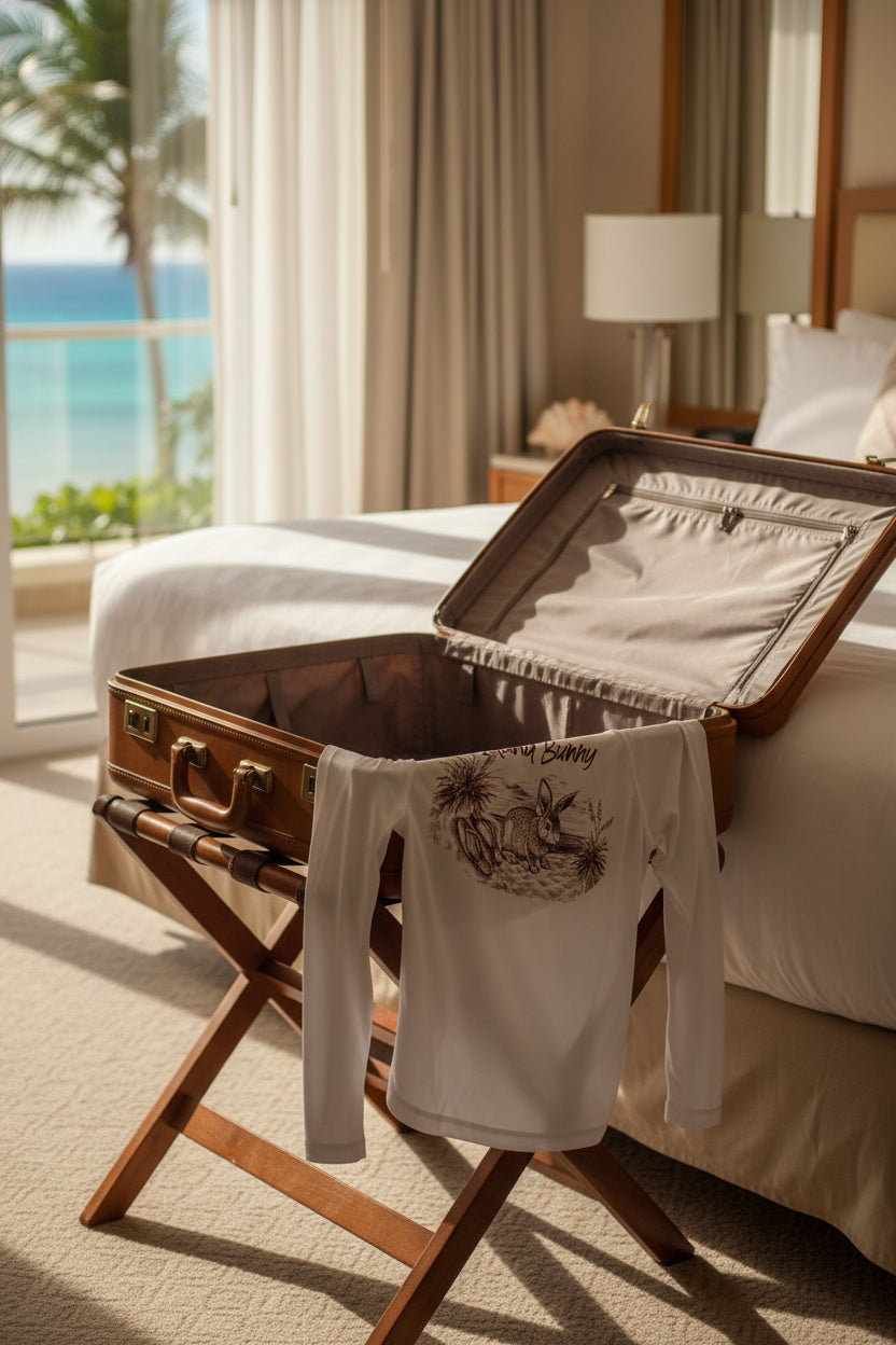 White long-sleeve shirt with 'Island Bunny' graphic design on a white background