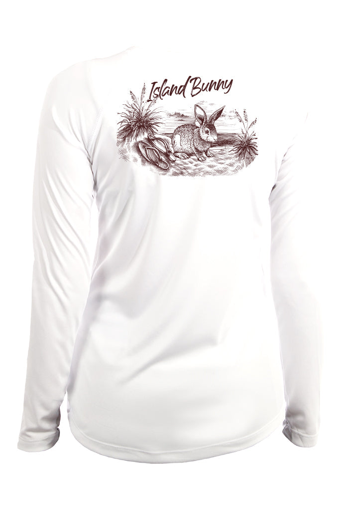 White long-sleeve shirt with 'Island Bunny' graphic design on a white background