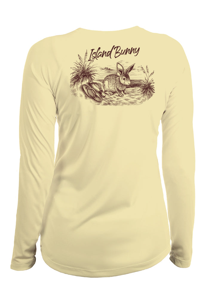 Beige long-sleeve shirt with 'Island Bunny' graphic on a white background