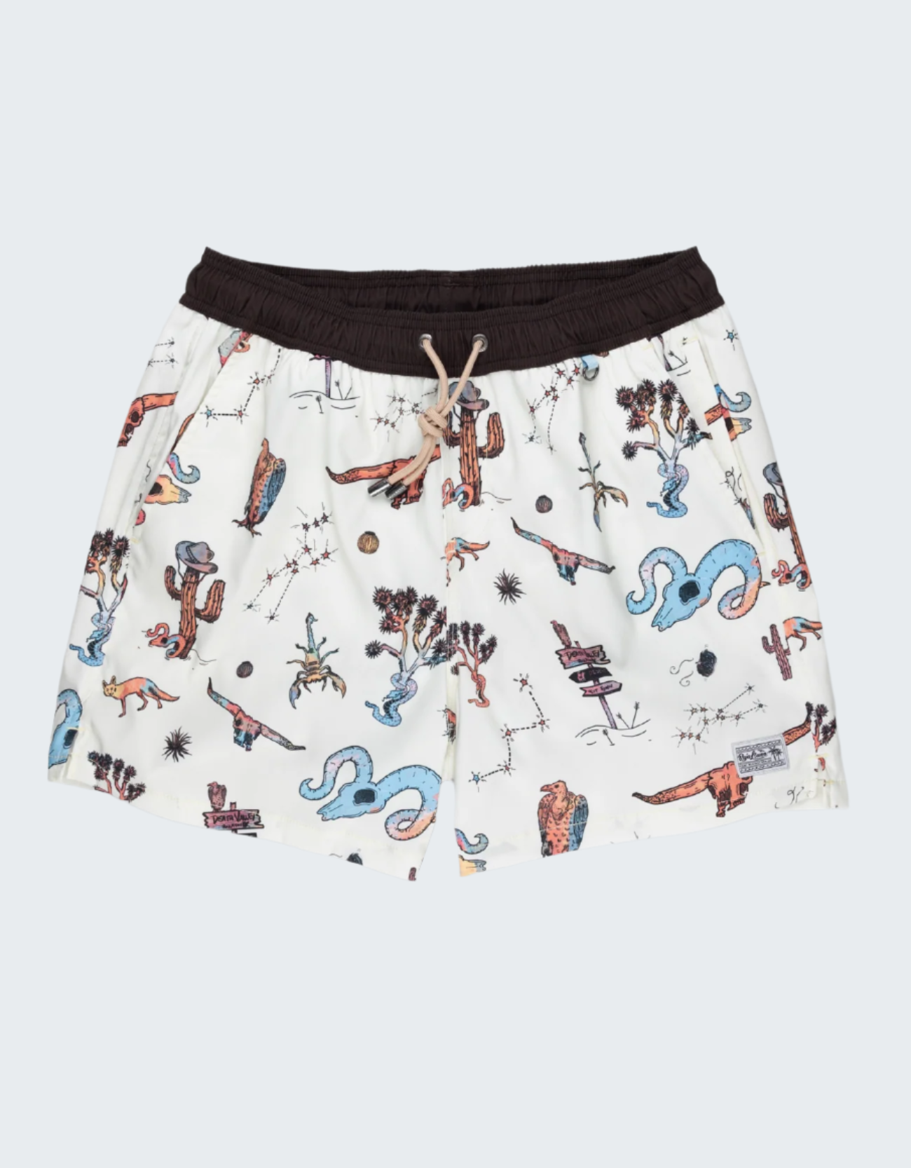 Shorts with colorful graphic design on a white background