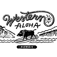 Black and white logo with text 'Western Aloha Hawaii' featuring a dog on a surfboard.